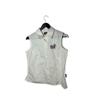 Mickey Unlimited white button tank top embroidered flag medium